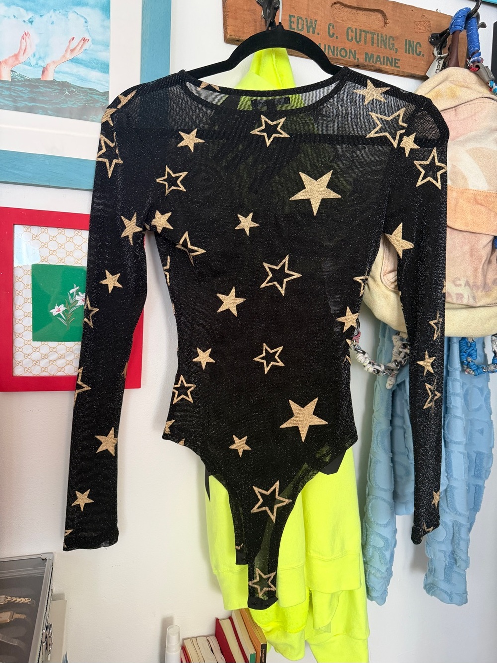 Fashion Nova black mesh bodysuit with gold star print, size S brand new